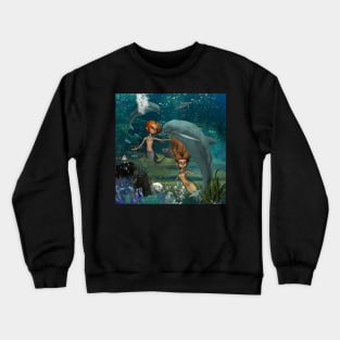 Little mermaids playing with a dolphin Crewneck Sweatshirt